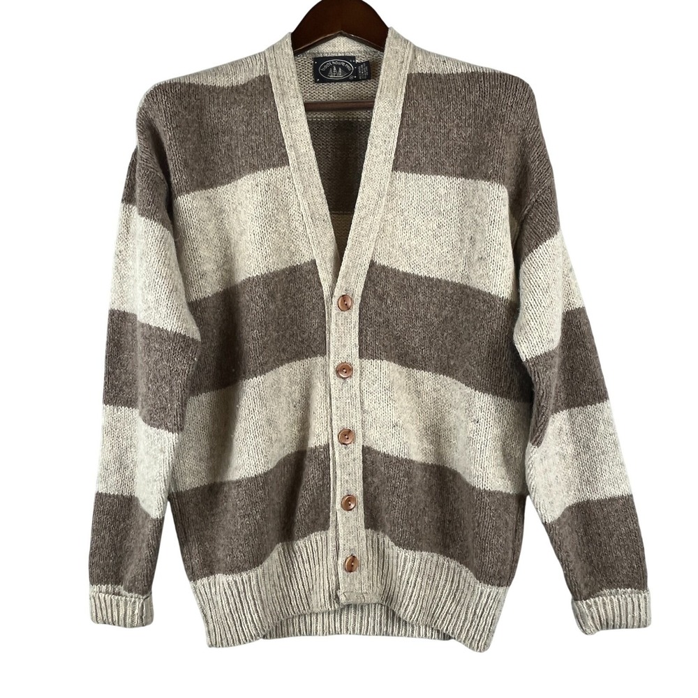 Womens M Wool Blend Cardigan Striped Chunky Button Front Cozy Cabin Sweater
